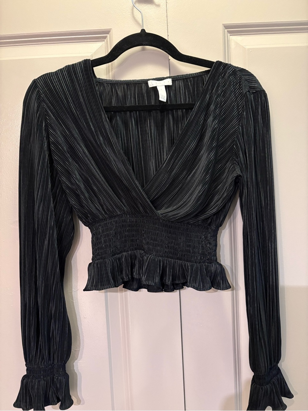 Leith Black Pleated Surplice Smocked Peplum Top
